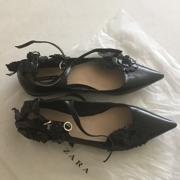 New Zara Basics Black  leather with  leather 🌸 pointy flats - Picture 1 of 7